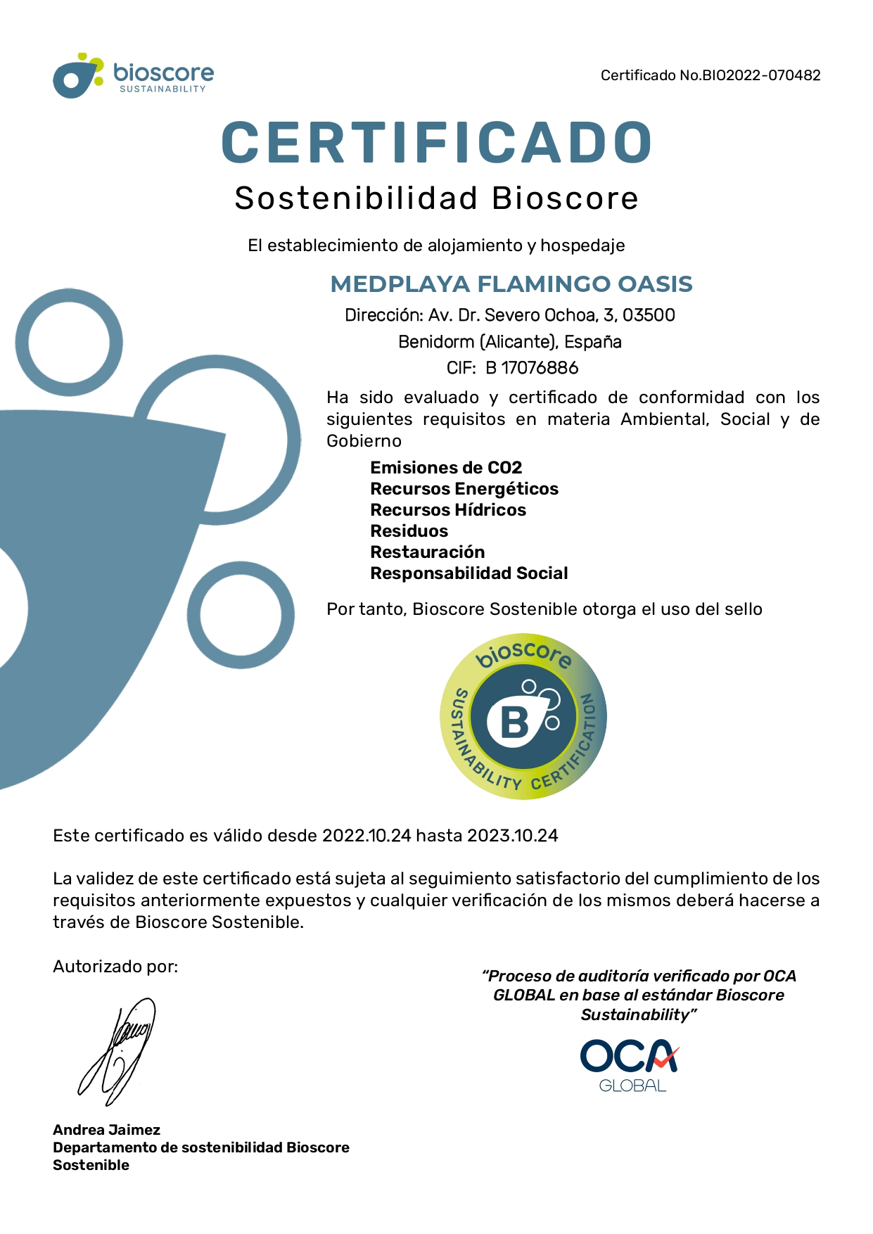 Certificado Sostenibilidad Bioscore